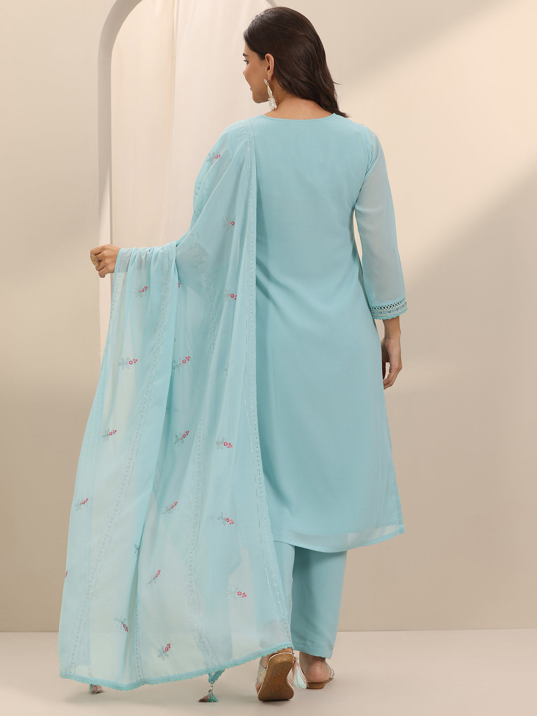  Blue Embroidered Georgette Straight Suit Set With Dupatta 