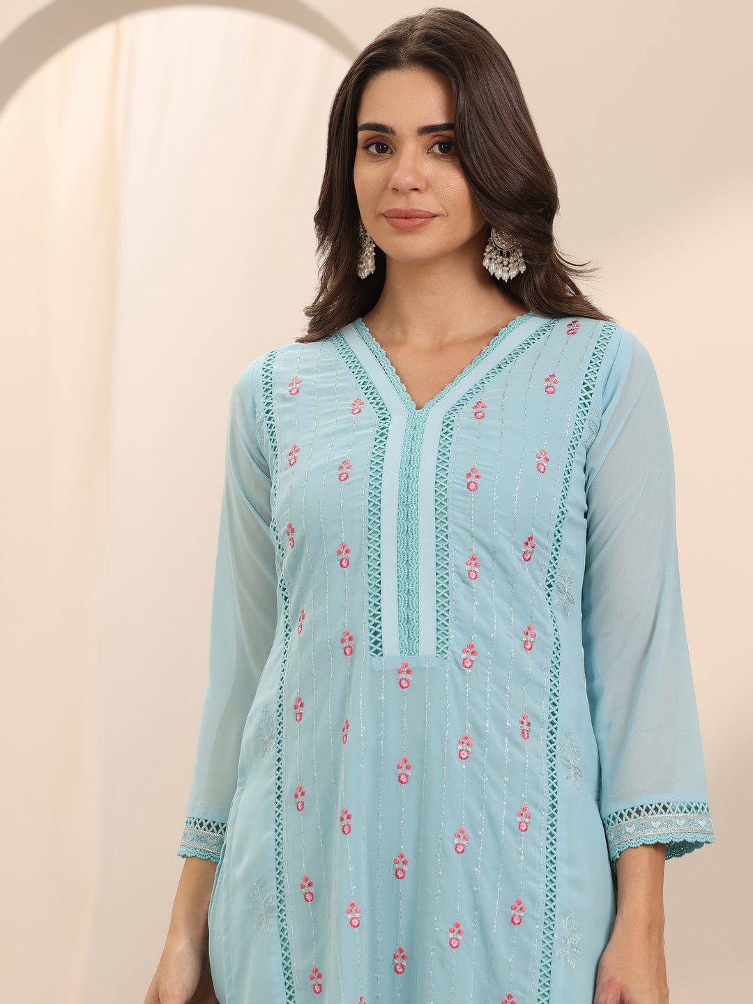  Blue Embroidered Georgette Straight Suit Set With Dupatta 