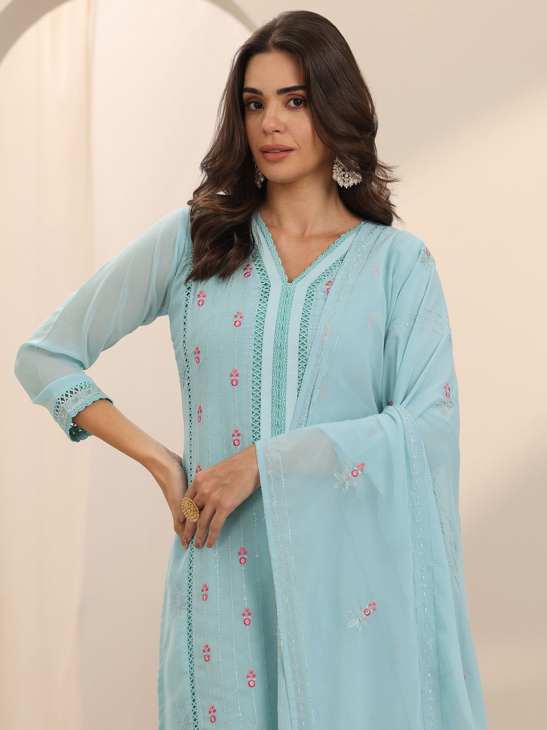  Blue Embroidered Georgette Straight Suit Set With Dupatta 