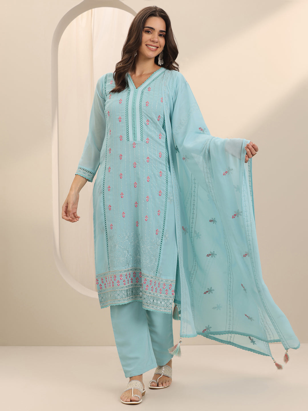  Blue Embroidered Georgette Straight Suit Set With Dupatta 