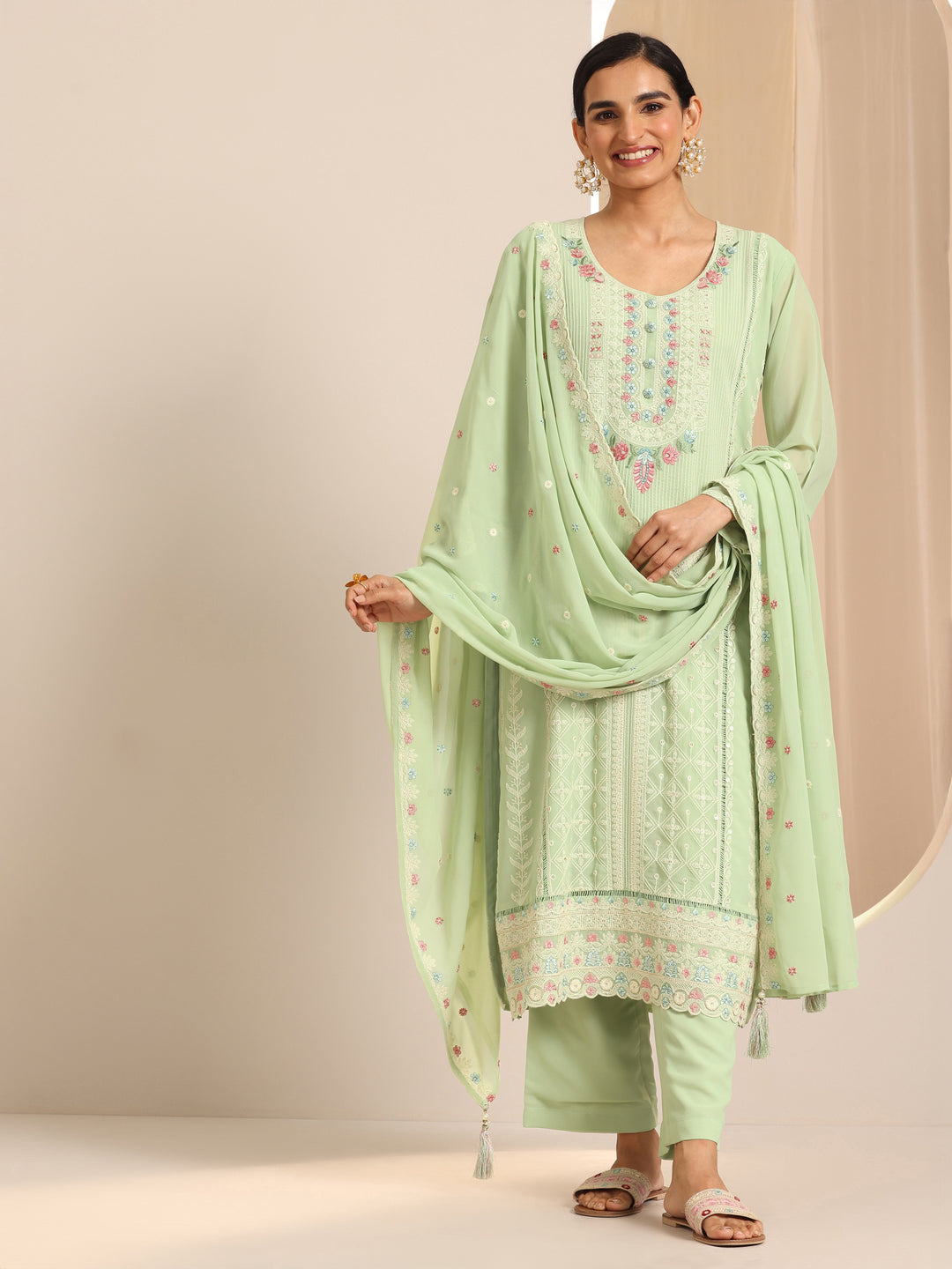  Green Embroidered Georgette Straight Suit Set With Dupatta 