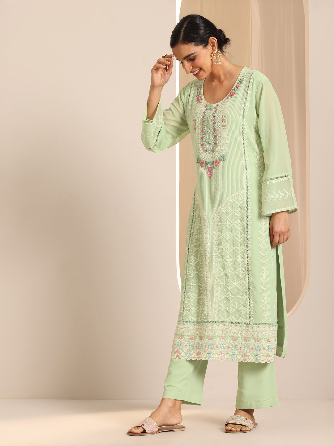  Green Embroidered Georgette Straight Suit Set With Dupatta 
