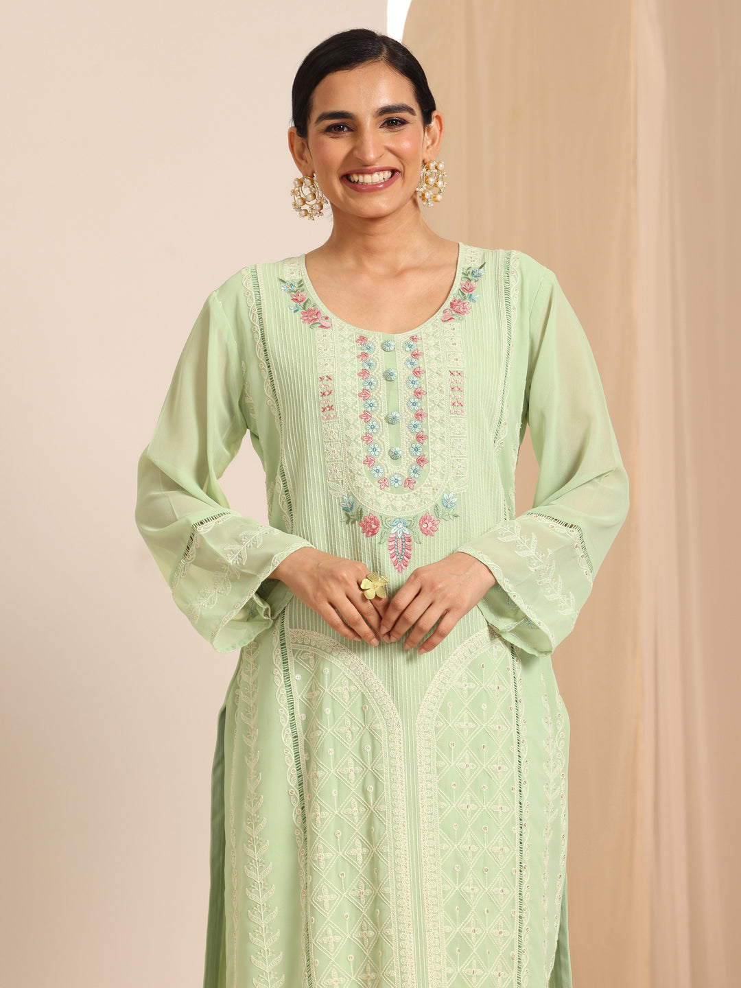  Green Embroidered Georgette Straight Suit Set With Dupatta 