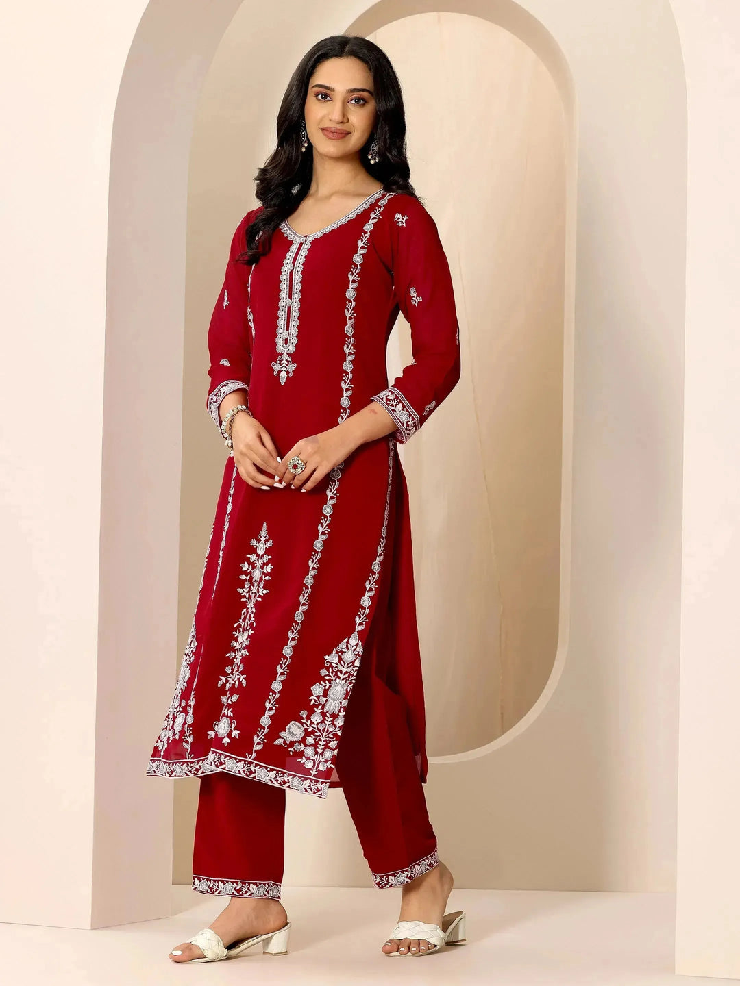  Red Embroidered Georgette Straight Suit Set With Dupatta 
