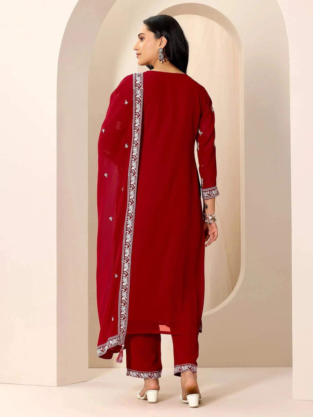  Red Embroidered Georgette Straight Suit Set With Dupatta 