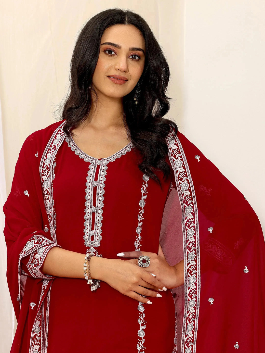 Red Embroidered Georgette Straight Suit Set With Dupatta