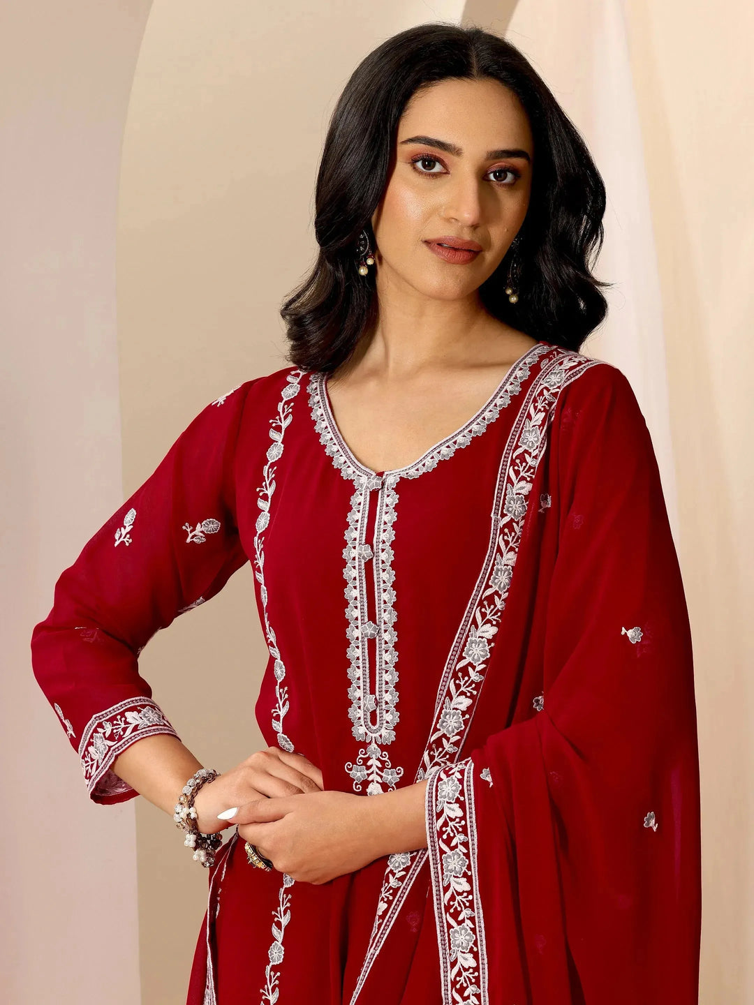  Red Embroidered Georgette Straight Suit Set With Dupatta 