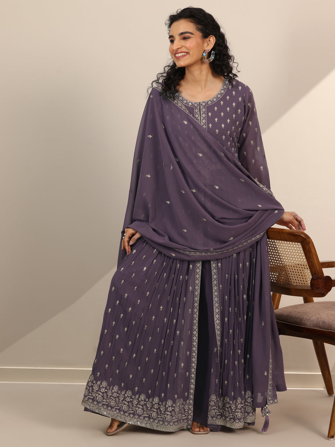 Libas Art Lilac Embroidered Georgette A-Line Suit Set With Dupatta