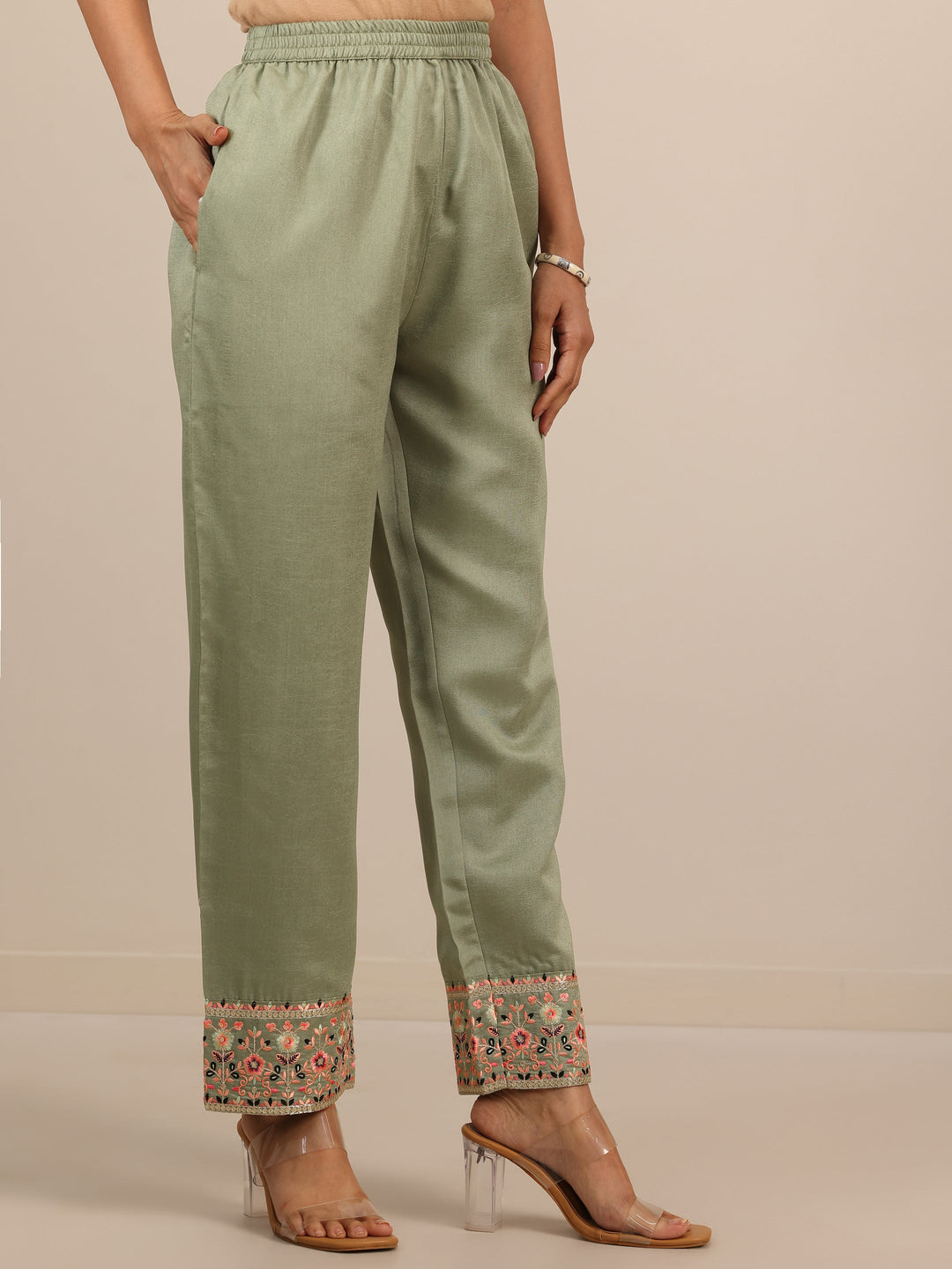  Libas Art Green Embroidered Silk Blend Straight Suit Set With Dupatta 