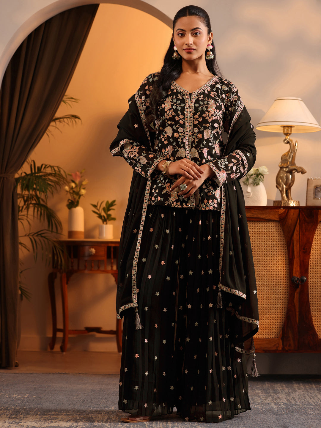  Libas Art Black Embroidered Georgette A-Line Suit Set With Dupatta 
