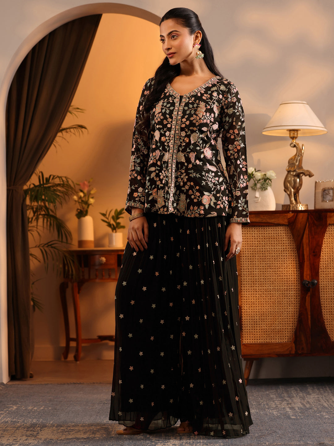  Libas Art Black Embroidered Georgette A-Line Suit Set With Dupatta 