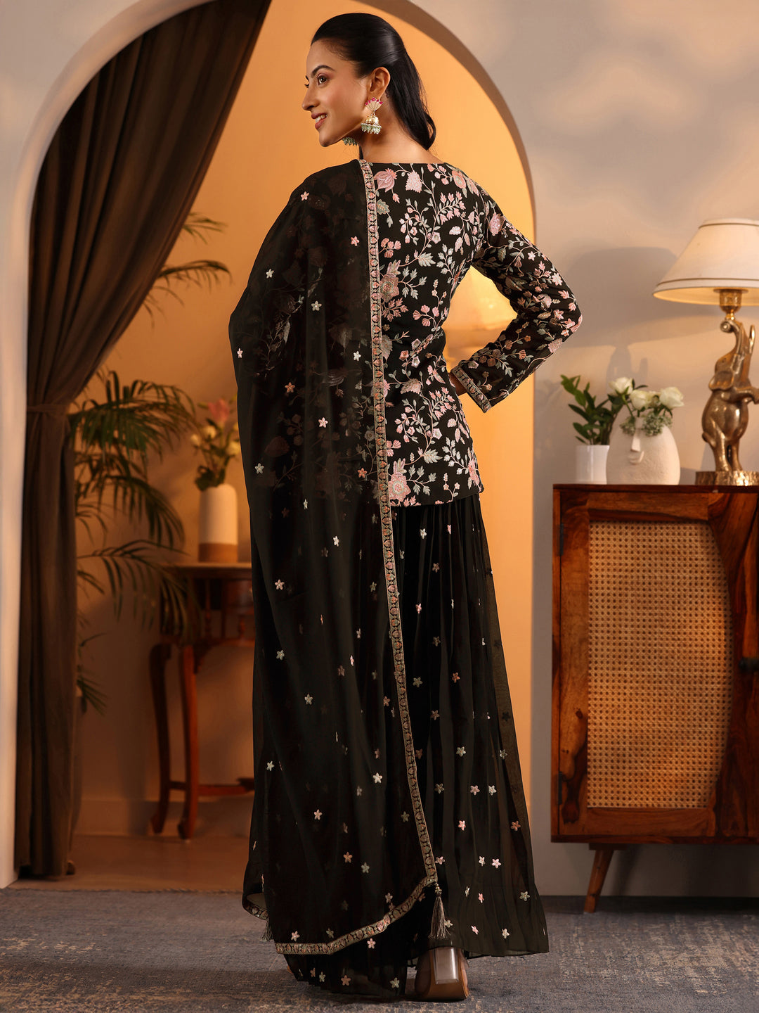  Libas Art Black Embroidered Georgette A-Line Suit Set With Dupatta 