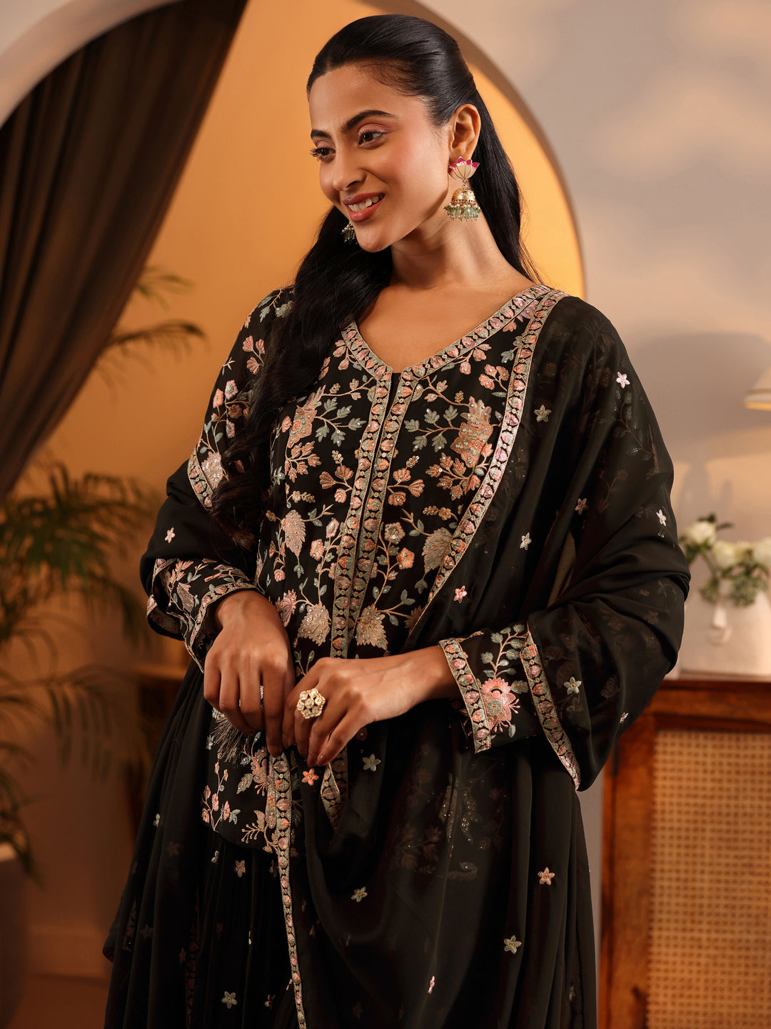  Libas Art Black Embroidered Georgette A-Line Suit Set With Dupatta 