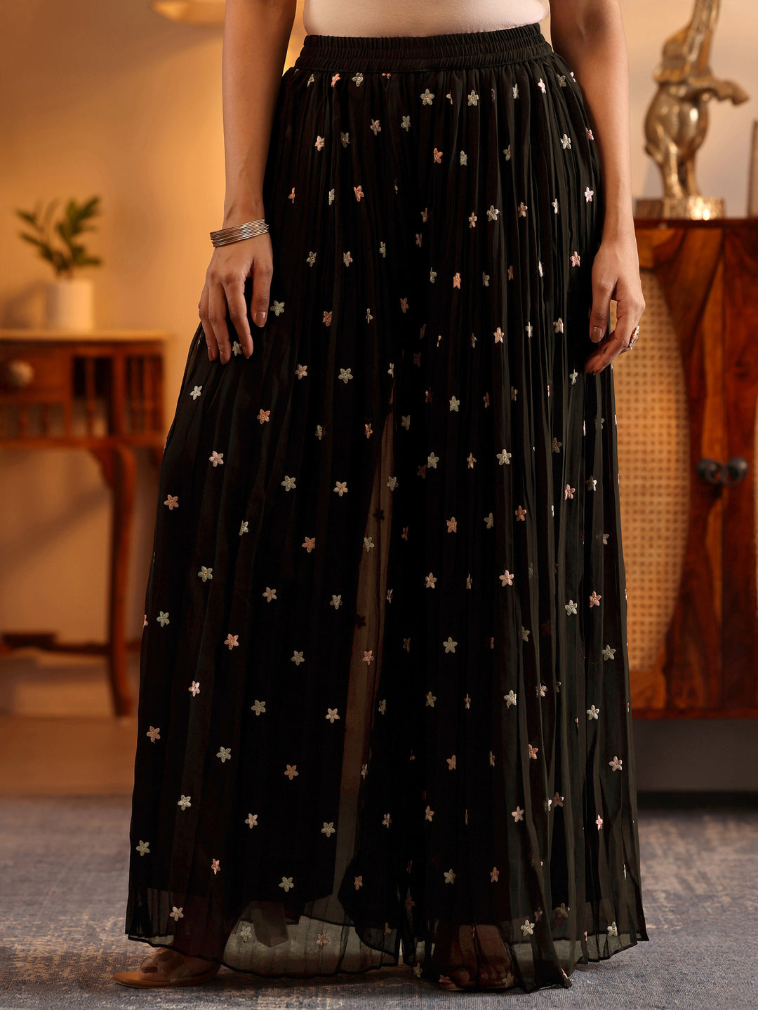  Libas Art Black Embroidered Georgette A-Line Suit Set With Dupatta 