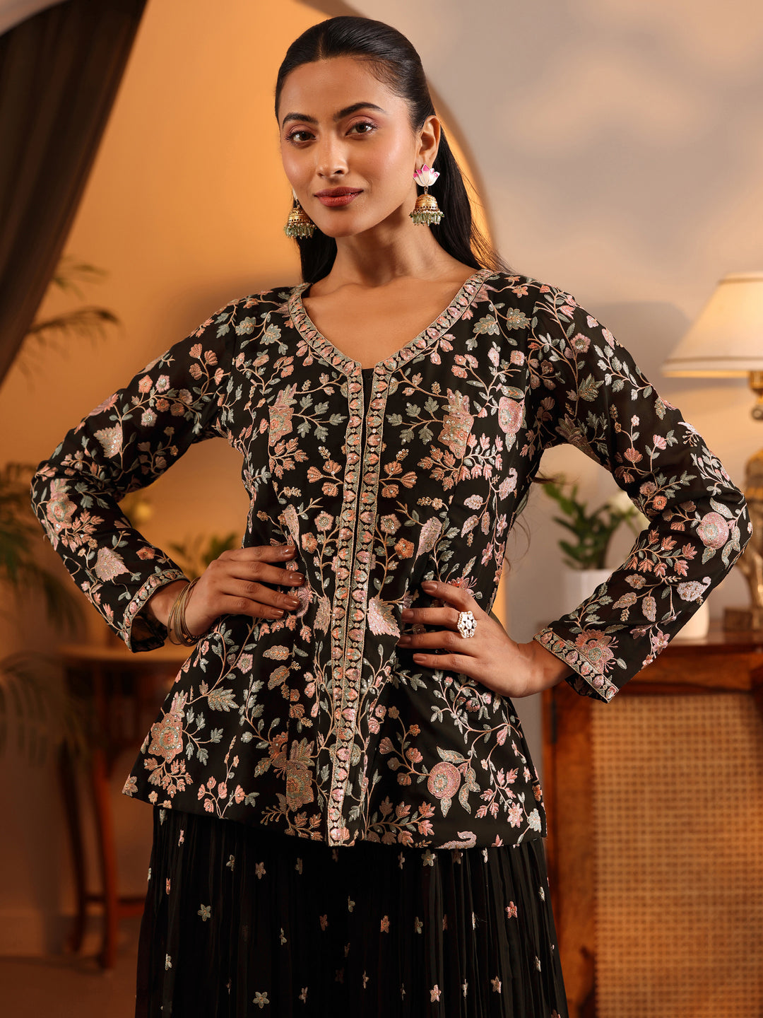  Libas Art Black Embroidered Georgette A-Line Suit Set With Dupatta 
