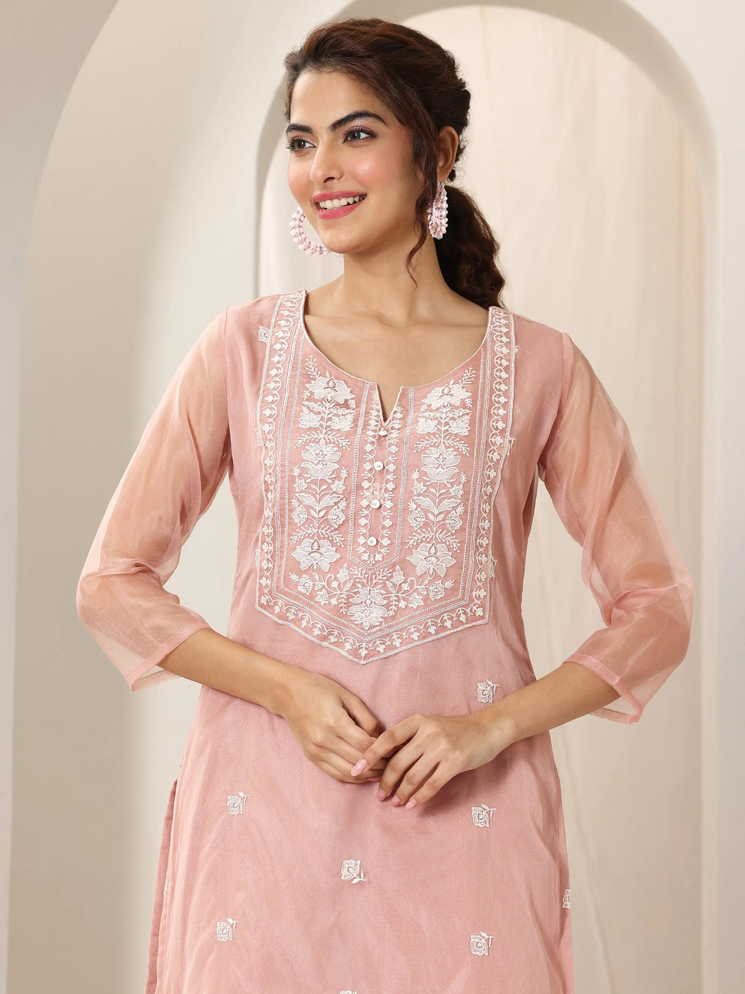  Peach Embroidered Organza Straight Suit Set With Dupatta 