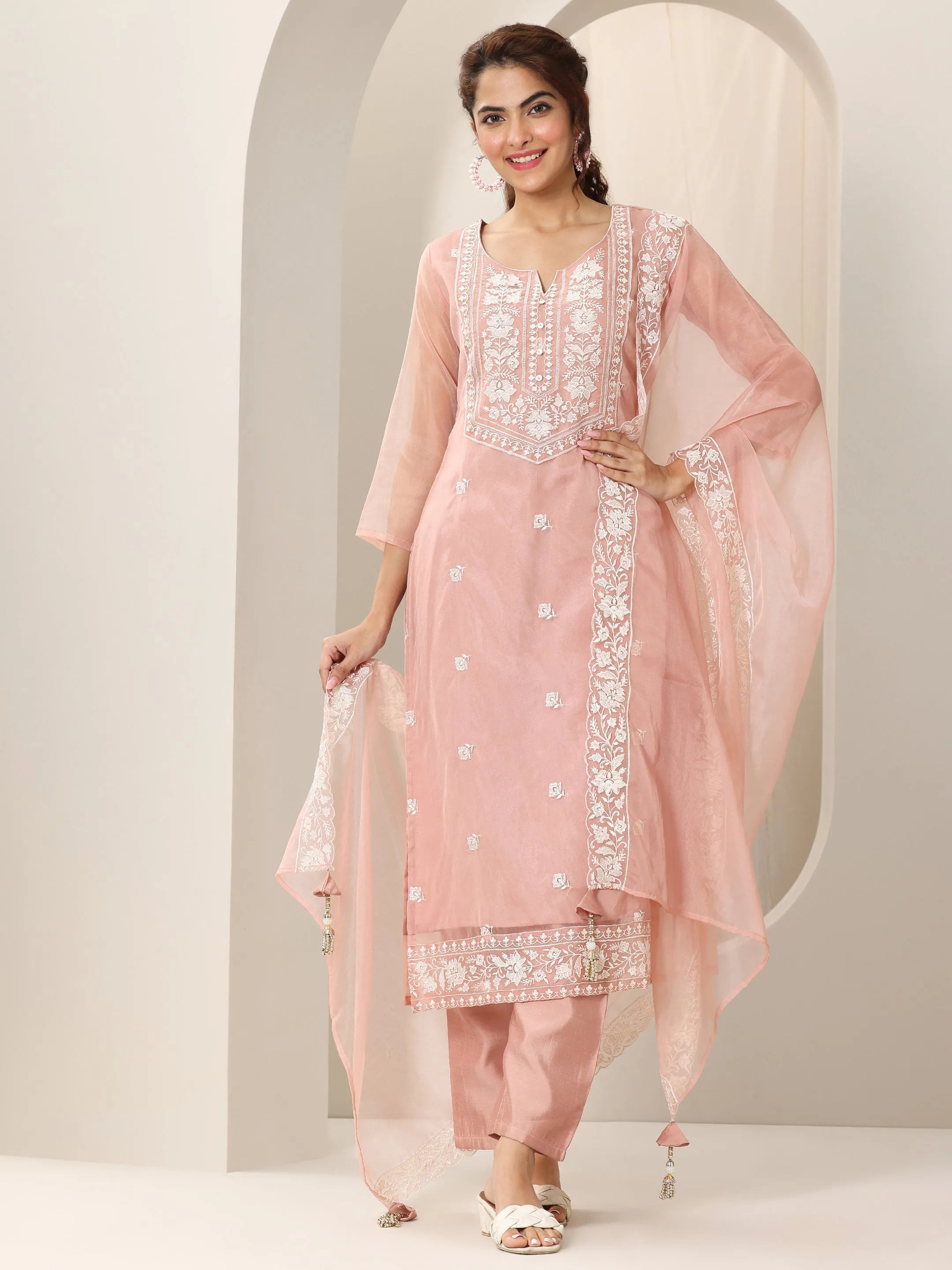 libas Peach Embroidered Organza Straight Suit Set With Dupatta-picture-28