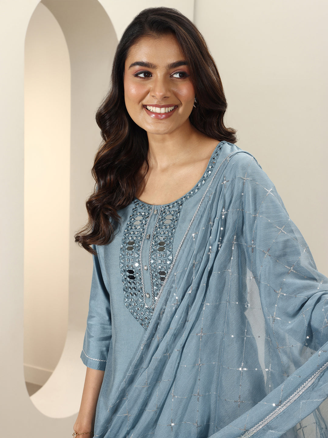  Blue Embroidered Silk Blend Straight Suit Sets With Dupatta 