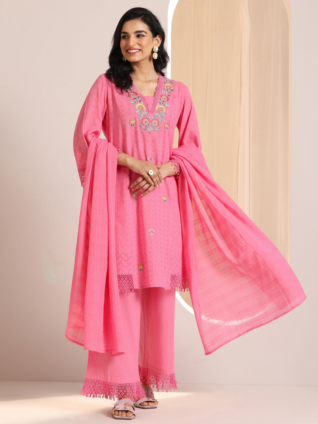  Pink Embroidered Cotton Straight Suit Set With Dupatta 