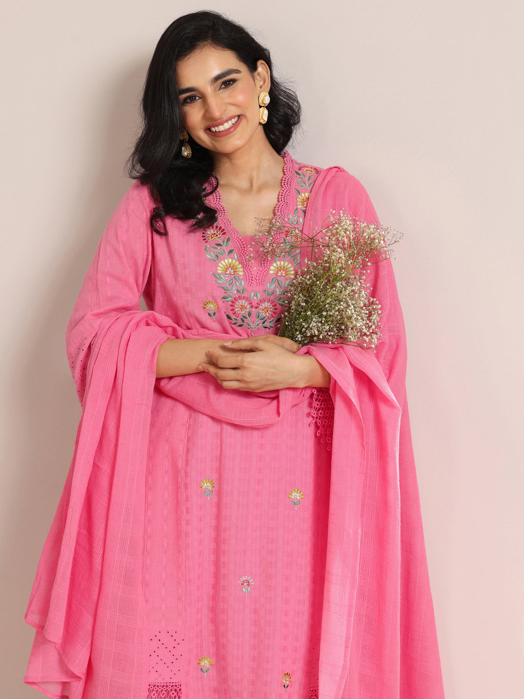  Pink Embroidered Cotton Straight Suit Set With Dupatta 