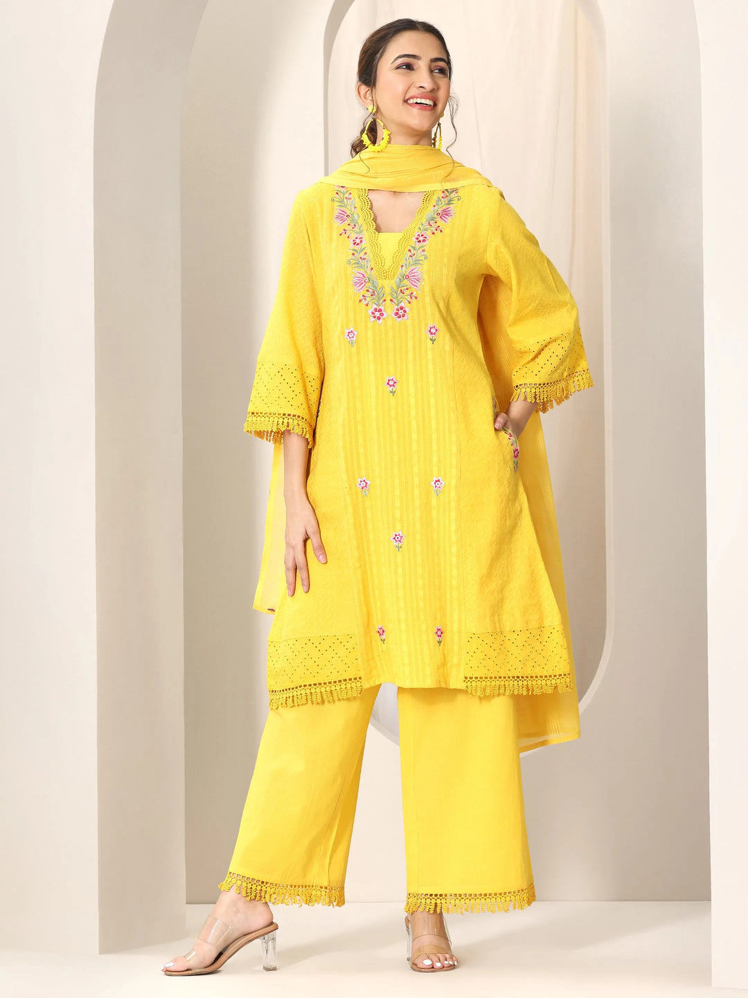  Yellow Embroidered Cotton Straight Suit Set With Dupatta 