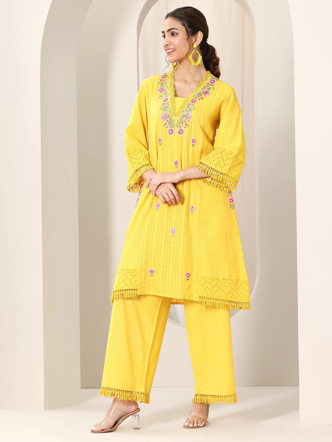  Yellow Embroidered Cotton Straight Suit Set With Dupatta 