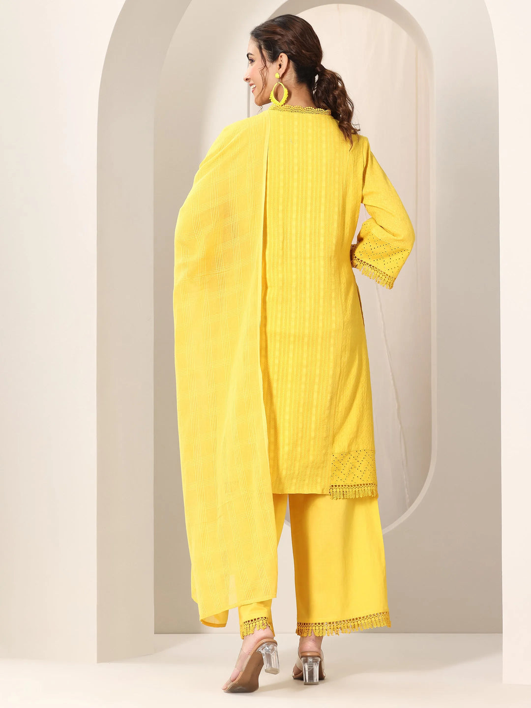  Yellow Embroidered Cotton Straight Suit Set With Dupatta 