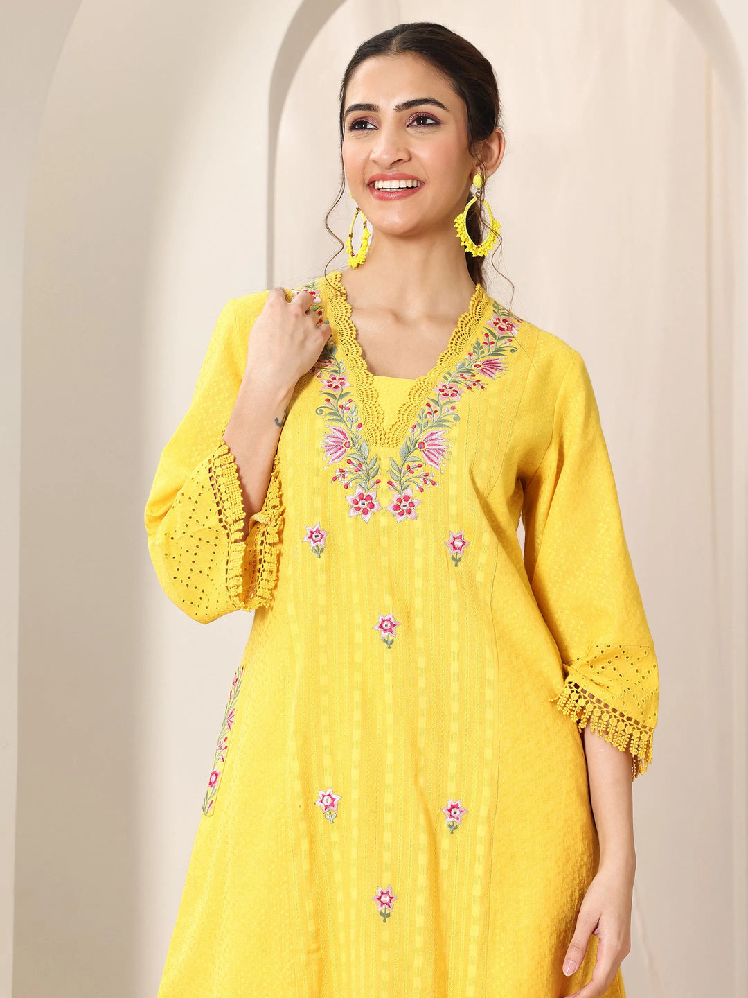  Yellow Embroidered Cotton Straight Suit Set With Dupatta 