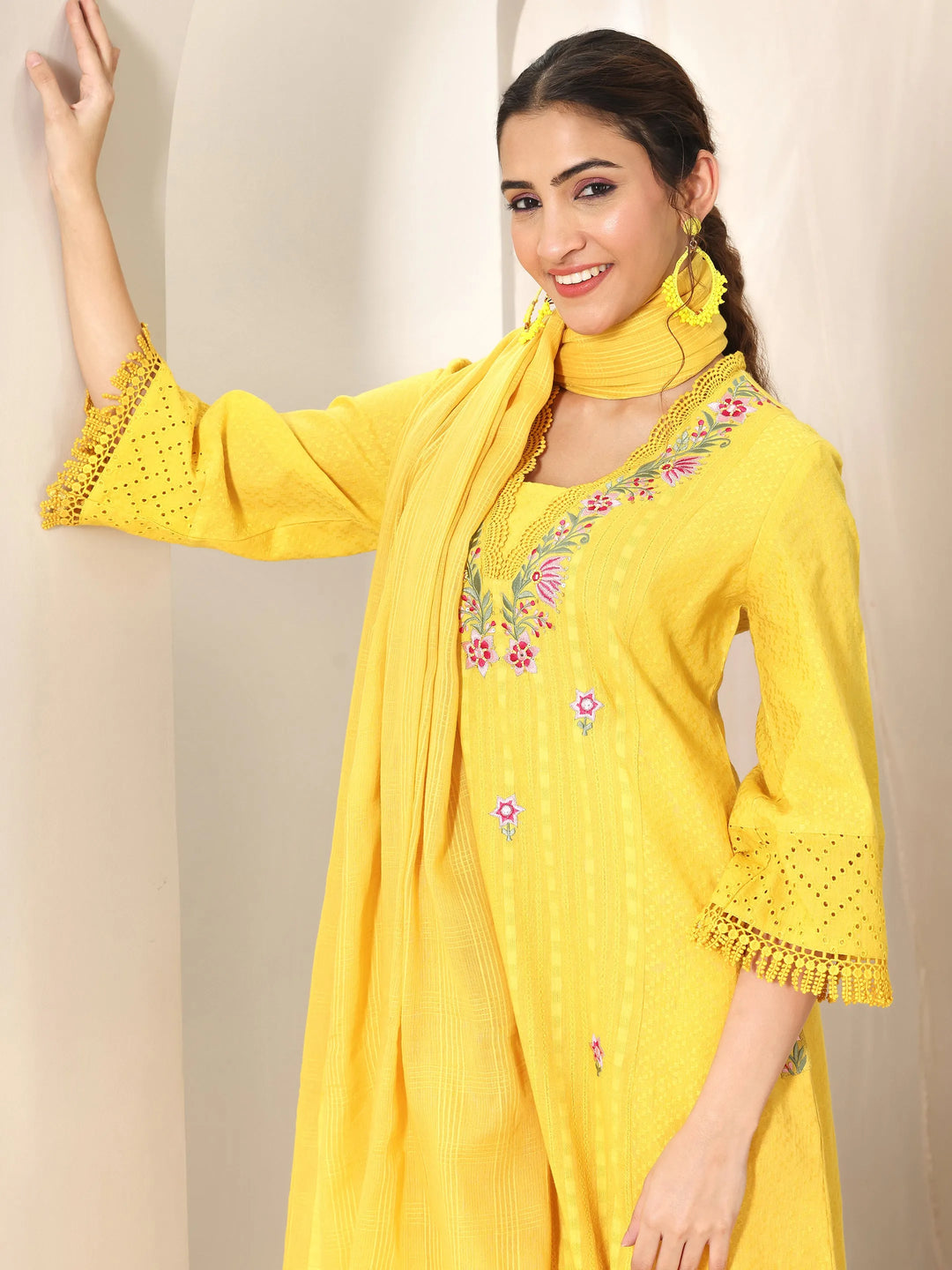  Yellow Embroidered Cotton Straight Suit Set With Dupatta 