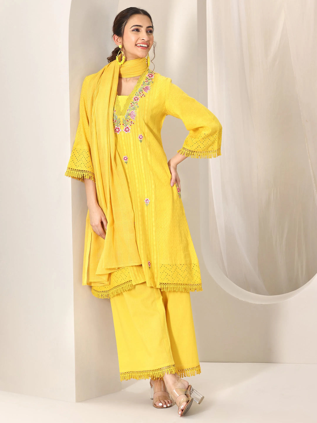 Yellow Embroidered Cotton Straight Suit Set With Dupatta
