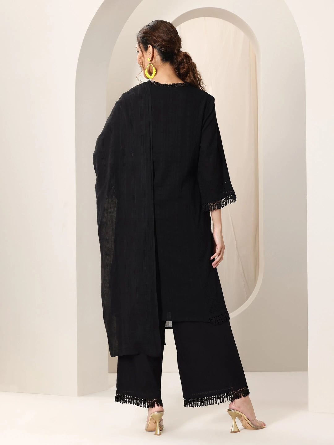  Black Embroidered Cotton Straight Suit Set With Dupatta 