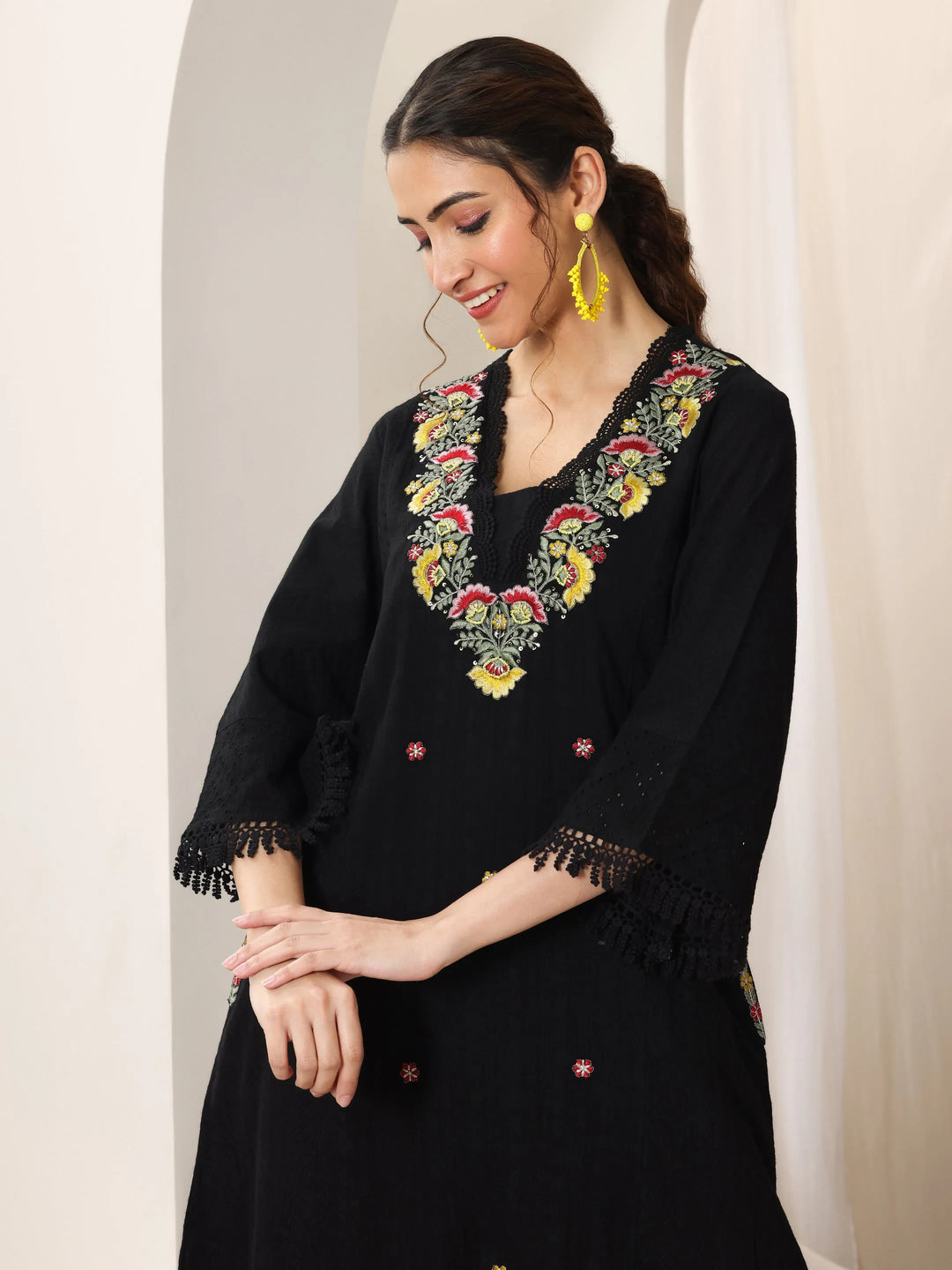  Black Embroidered Cotton Straight Suit Set With Dupatta 