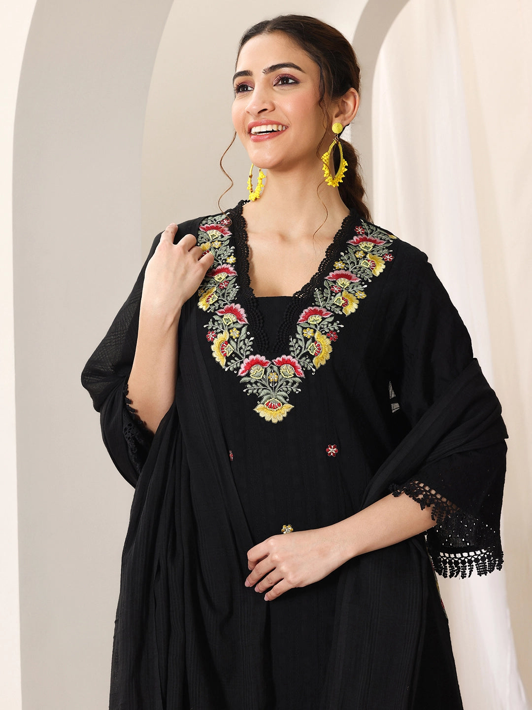 Black Embroidered Cotton Straight Suit Set With Dupatta