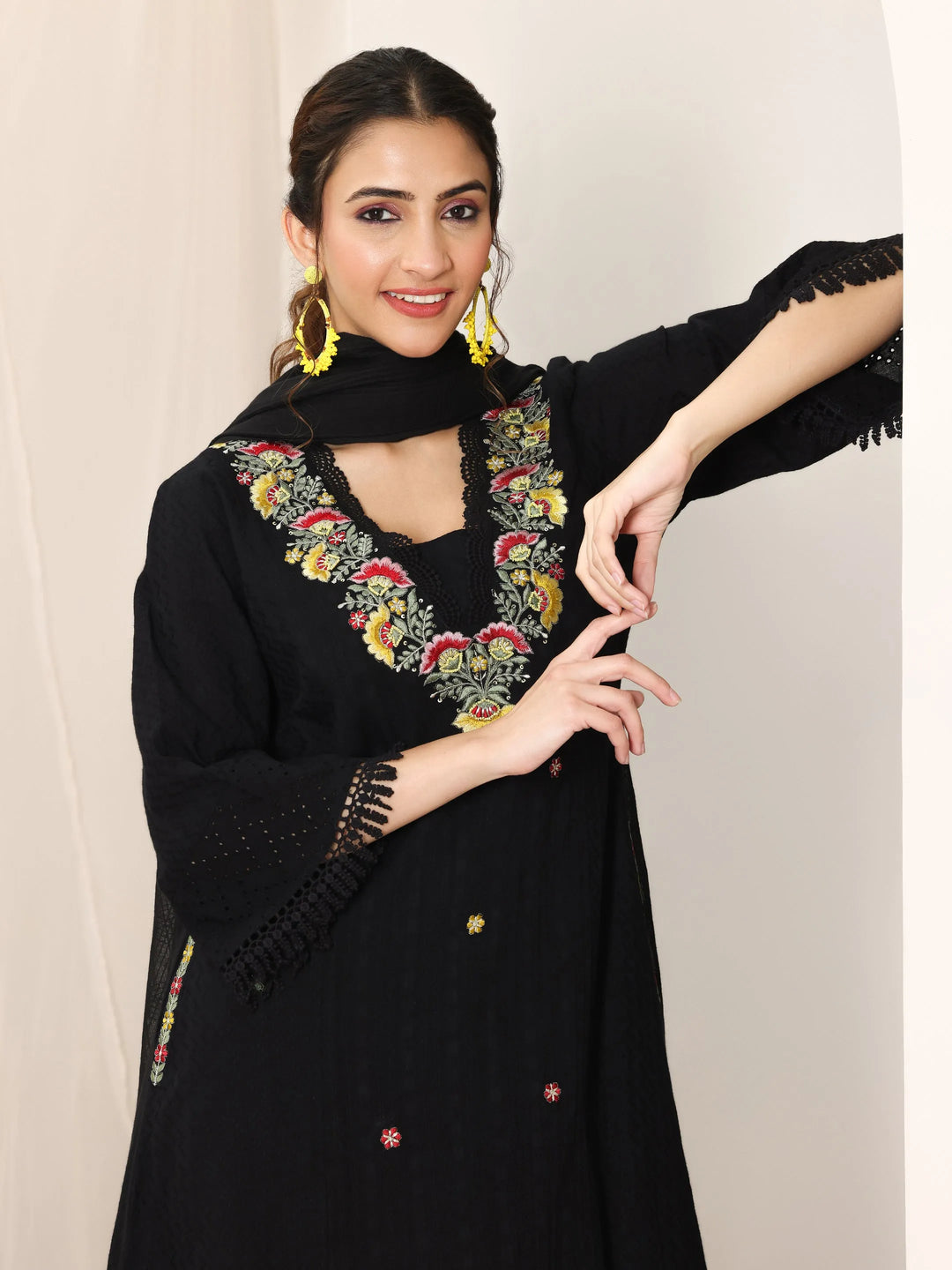  Black Embroidered Cotton Straight Suit Set With Dupatta 