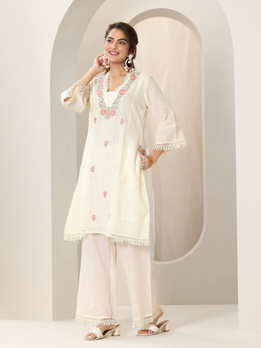  Off White Embroidered Cotton Straight Suit Set With Dupatta 