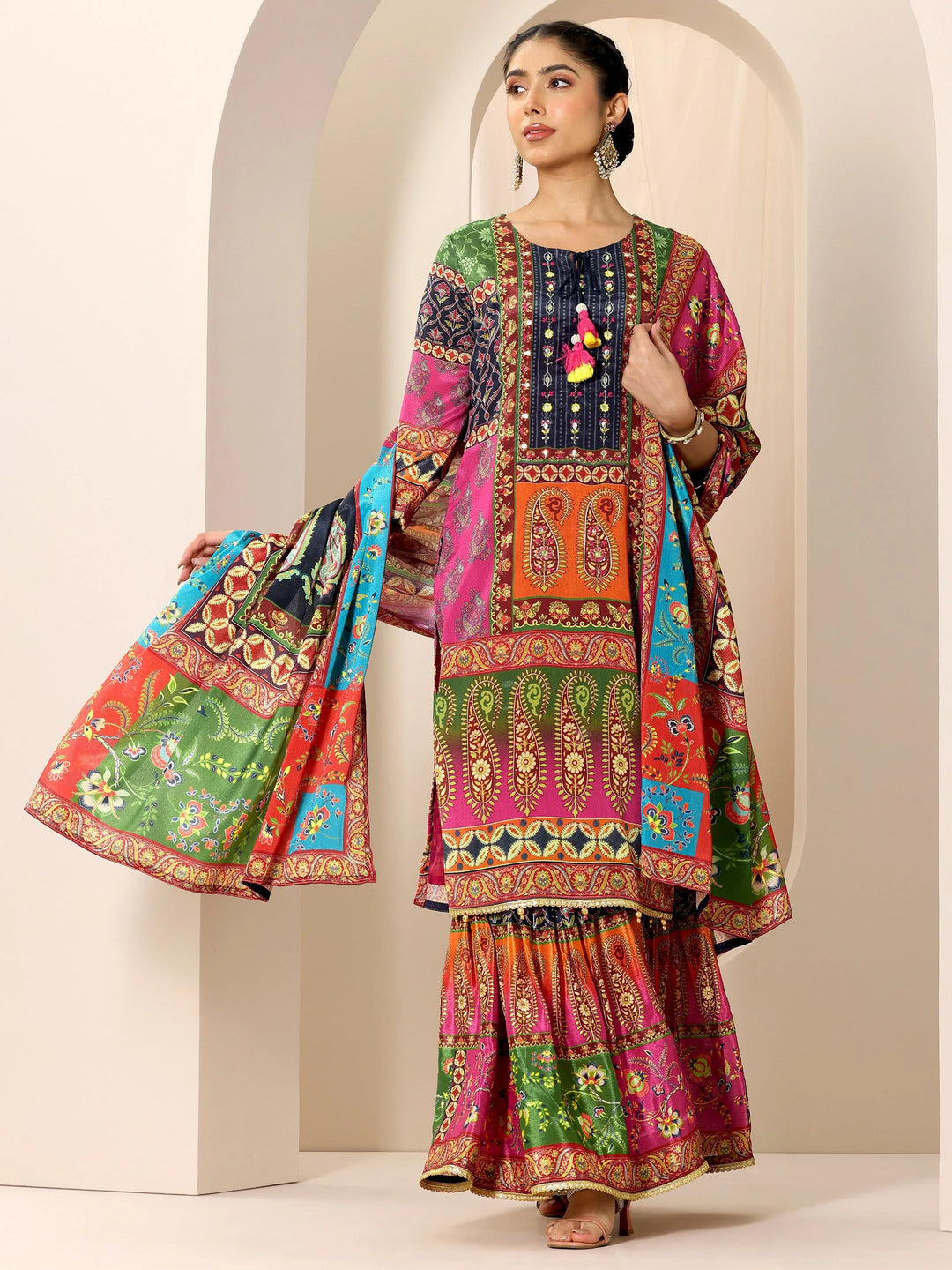  Multi Printed Chinon Straight Sharara Suit Set With Dupatta 
