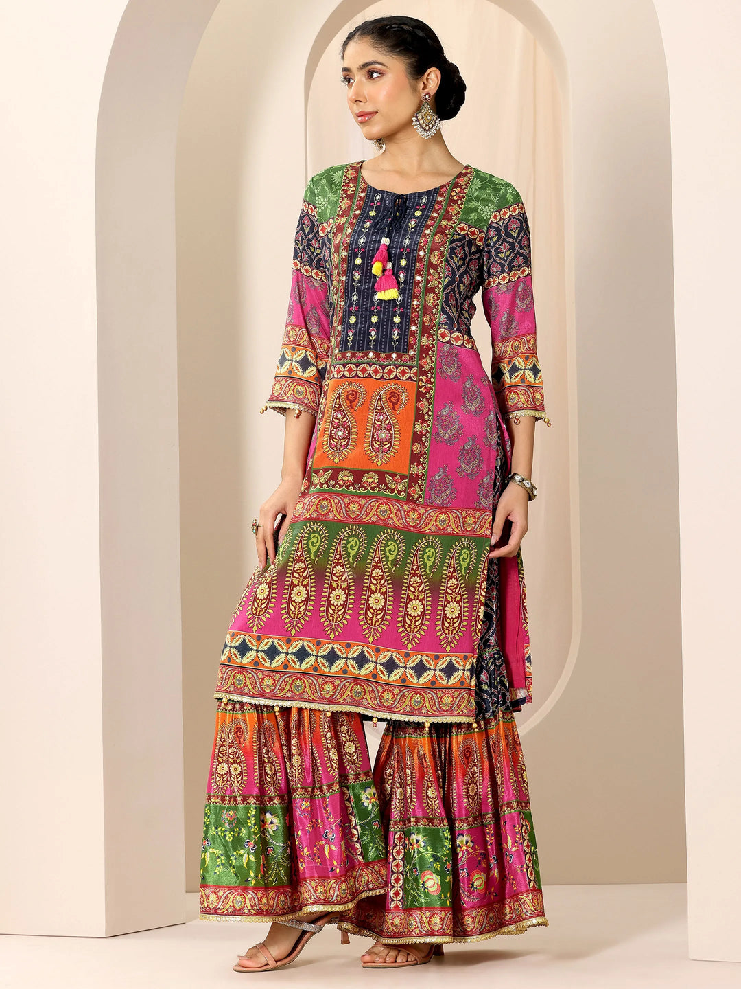  Multi Printed Chinon Straight Sharara Suit Set With Dupatta 