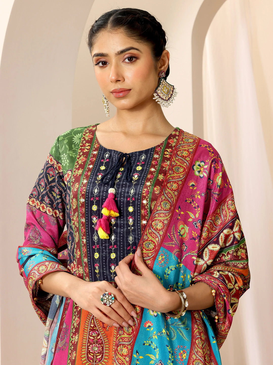  Multi Printed Chinon Straight Sharara Suit Set With Dupatta 