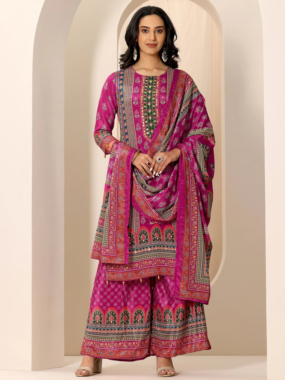 Pink Printed Chinon Straight Suit Set With Dupatta