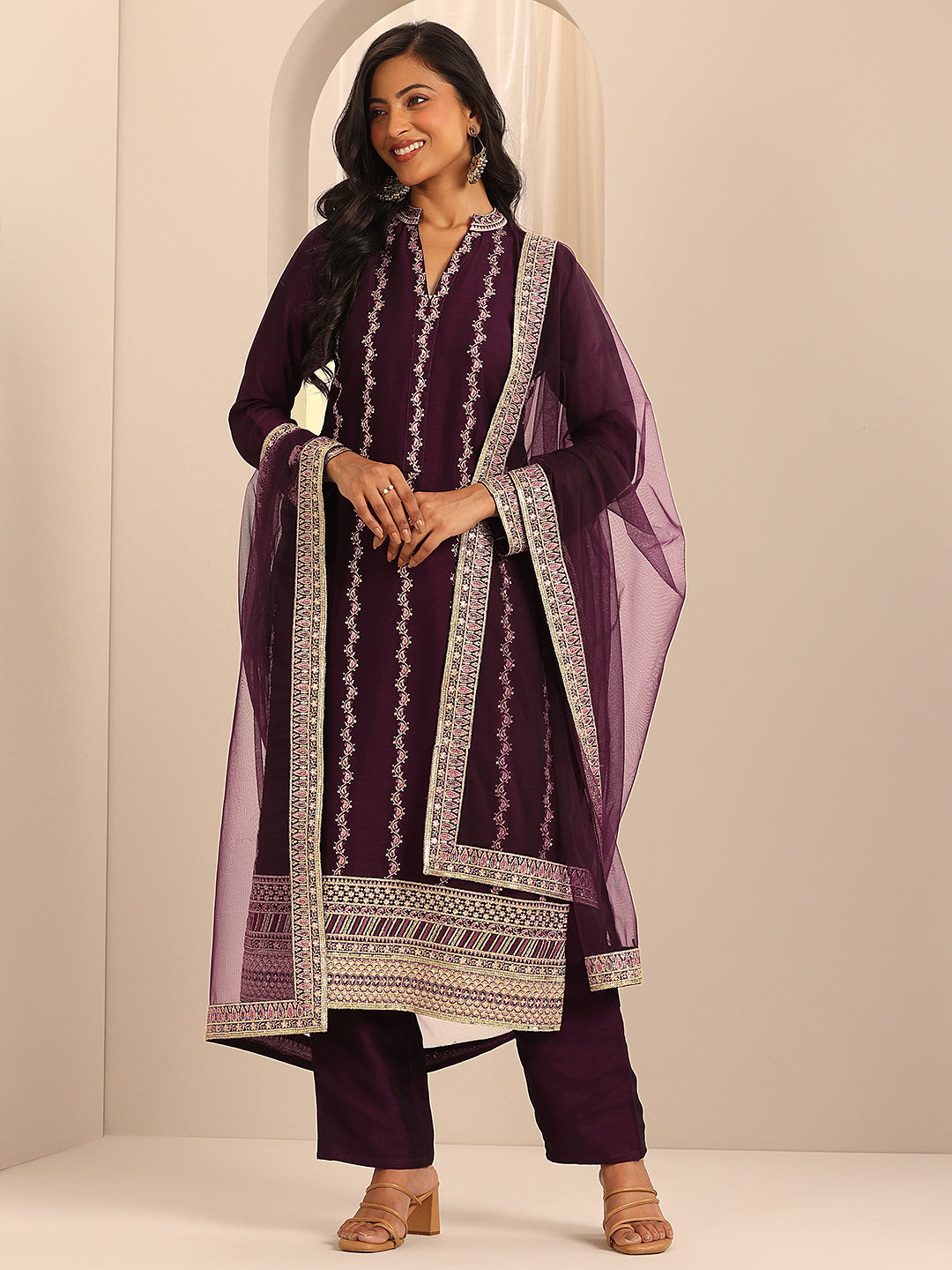  Libas Art Burgundy Embroidered Silk Blend Straight Suit Set With Dupatta 