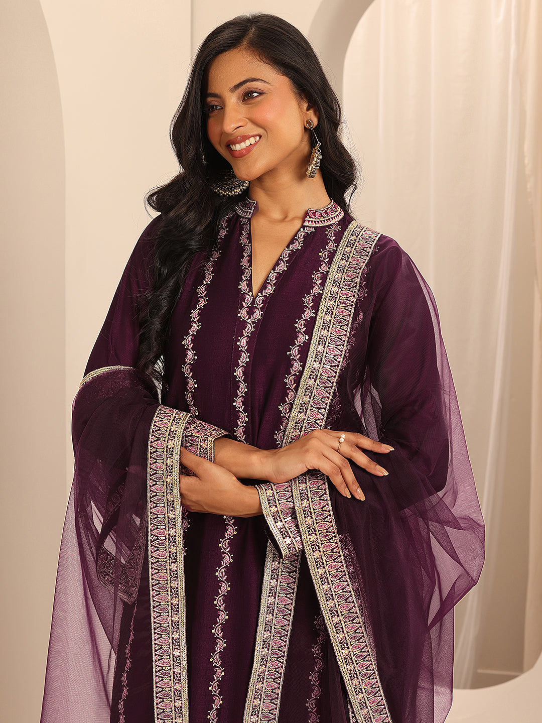  Libas Art Burgundy Embroidered Silk Blend Straight Suit Set With Dupatta 