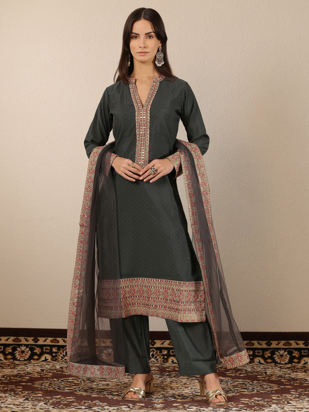  Grey Embellished Silk blend Straight Suit Set With Dupatta 