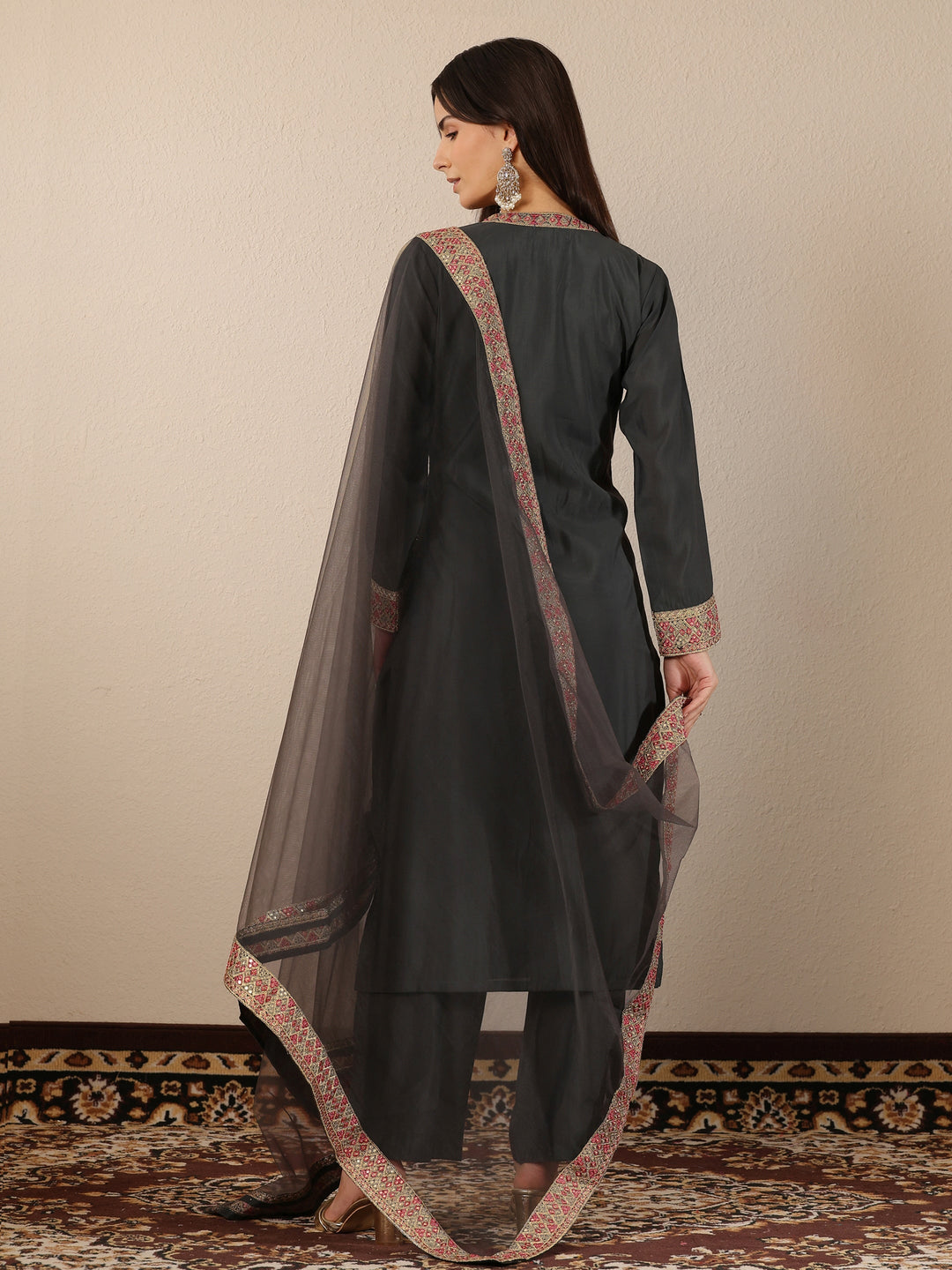  Grey Embellished Silk blend Straight Suit Set With Dupatta 