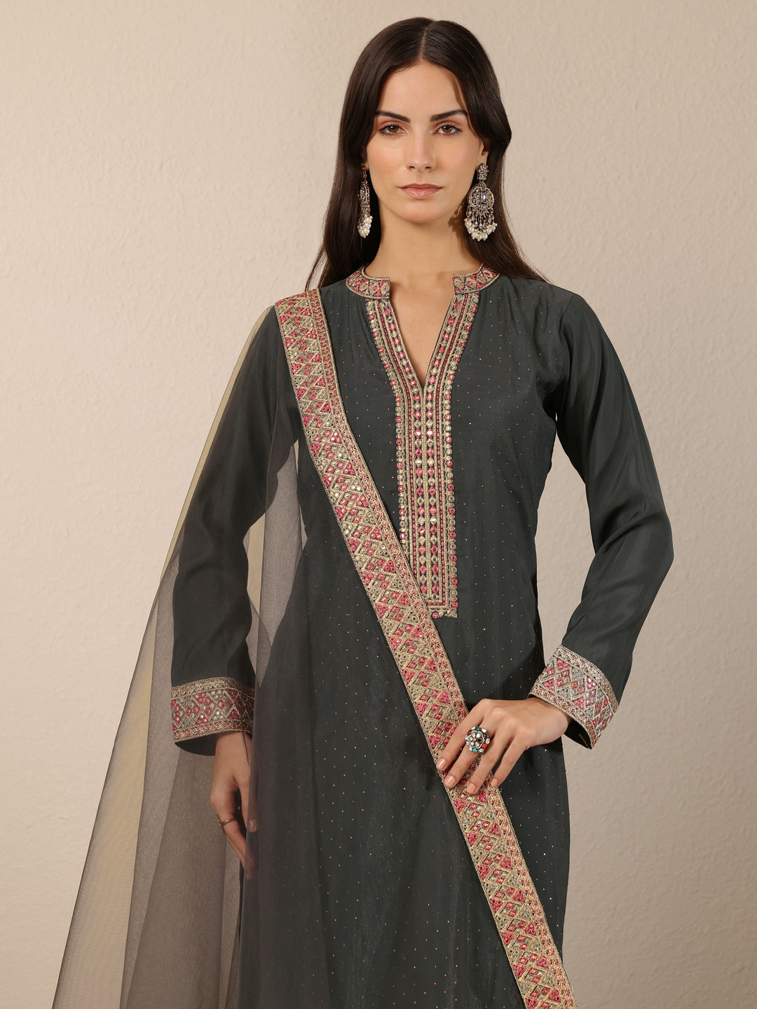  Grey Embellished Silk blend Straight Suit Set With Dupatta 