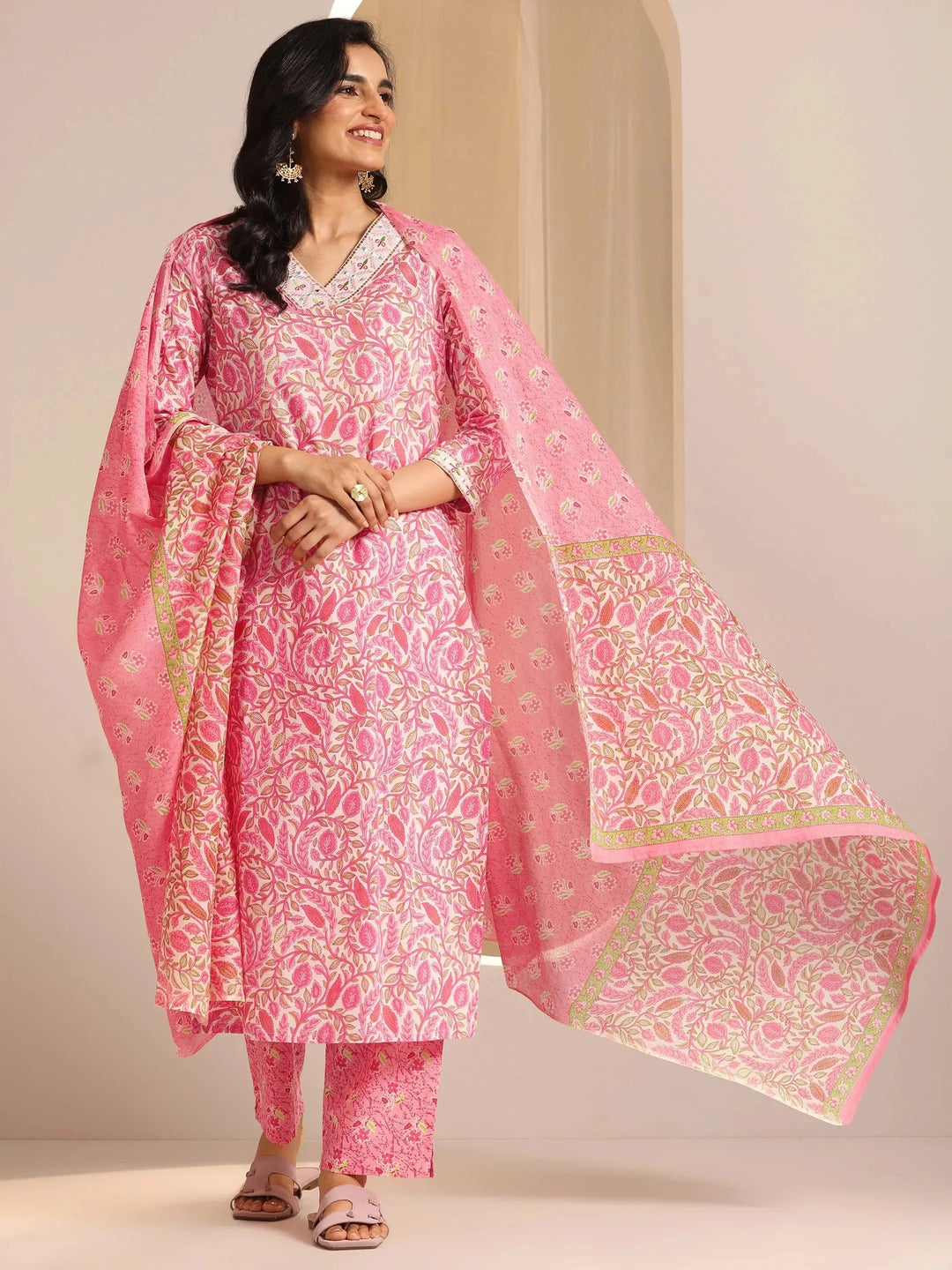  Pink Printed Cotton Straight Suit Set With Dupatta 