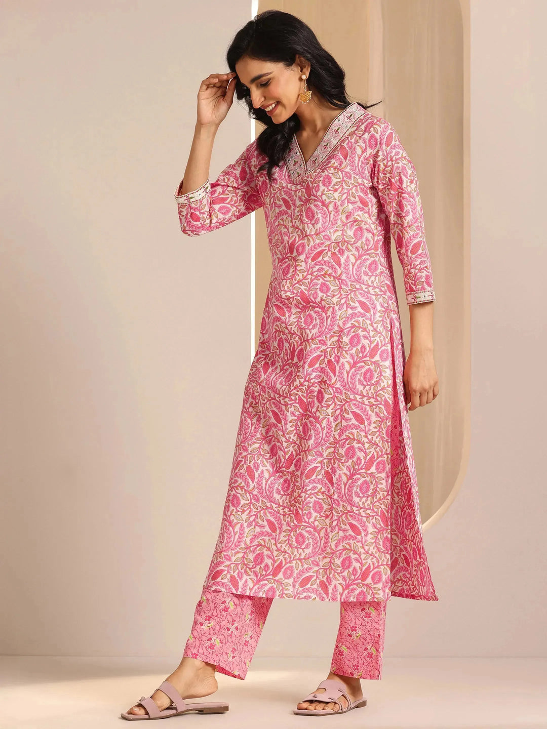  Pink Printed Cotton Straight Suit Set With Dupatta 