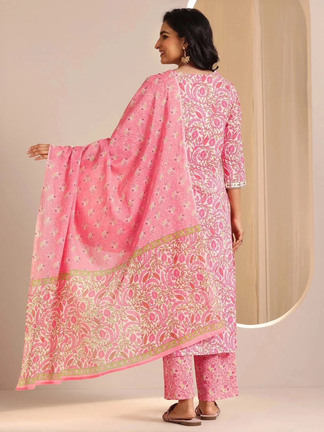  Pink Printed Cotton Straight Suit Set With Dupatta 