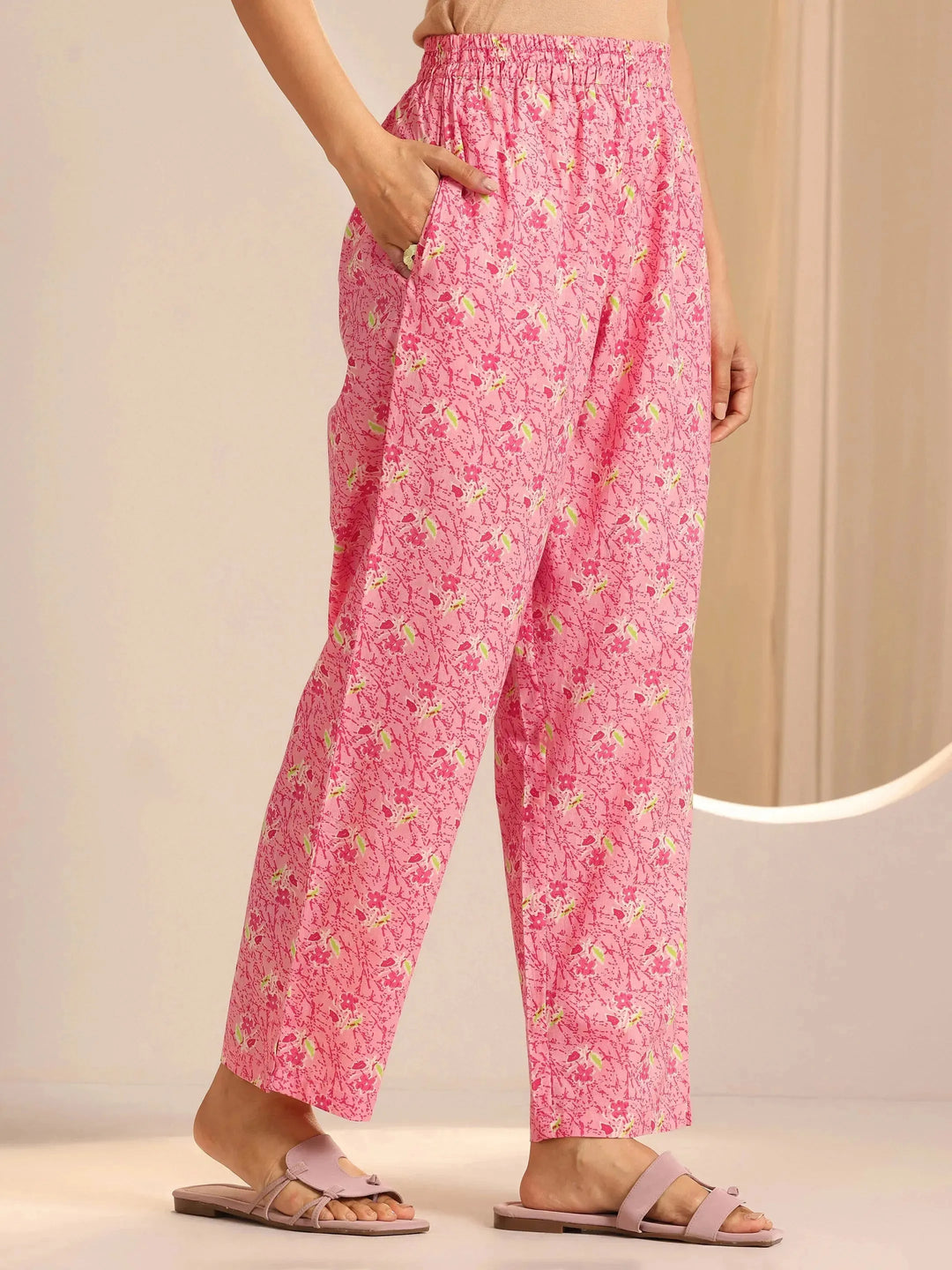  Pink Printed Cotton Straight Suit Set With Dupatta 
