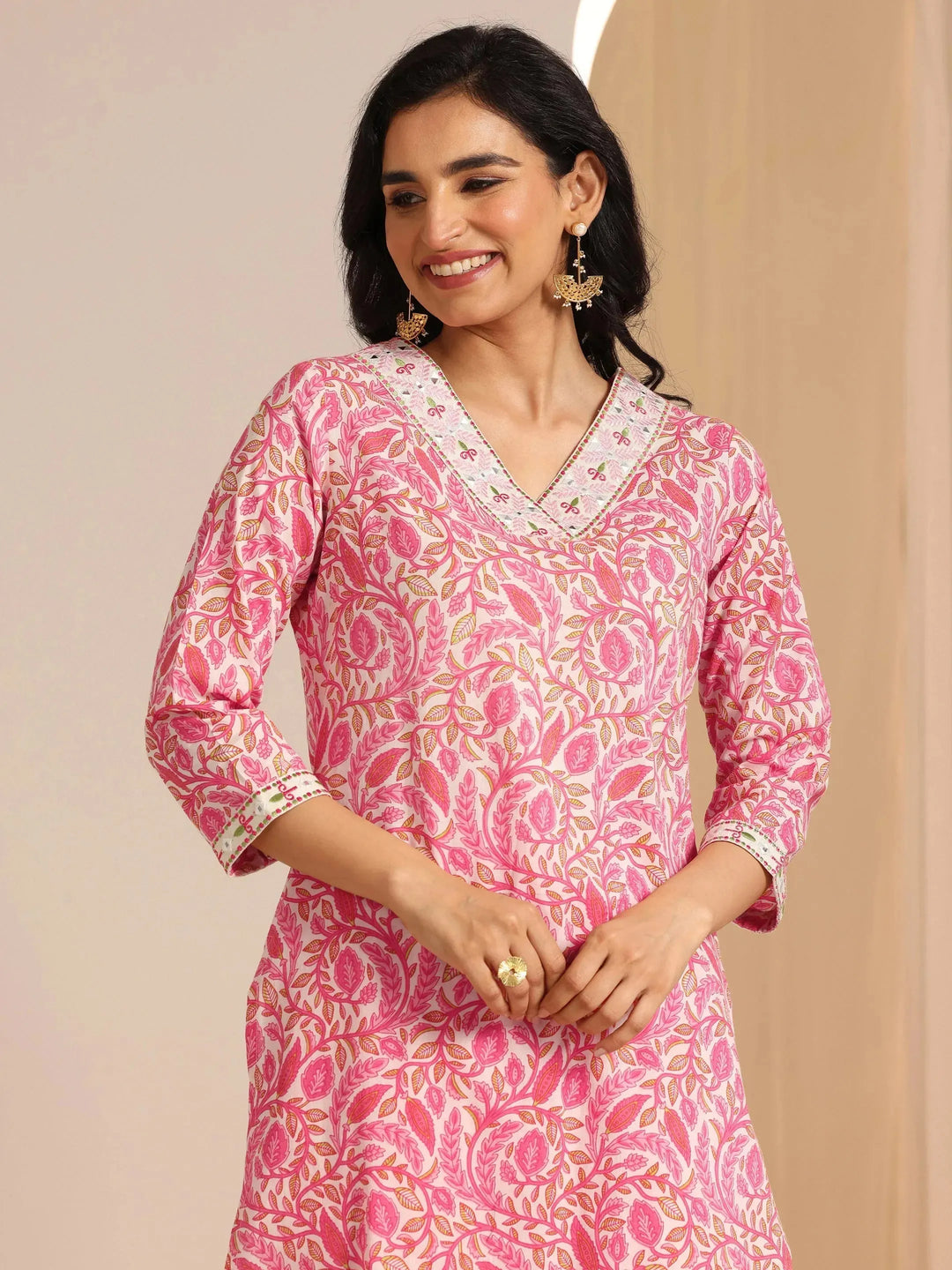  Pink Printed Cotton Straight Suit Set With Dupatta 