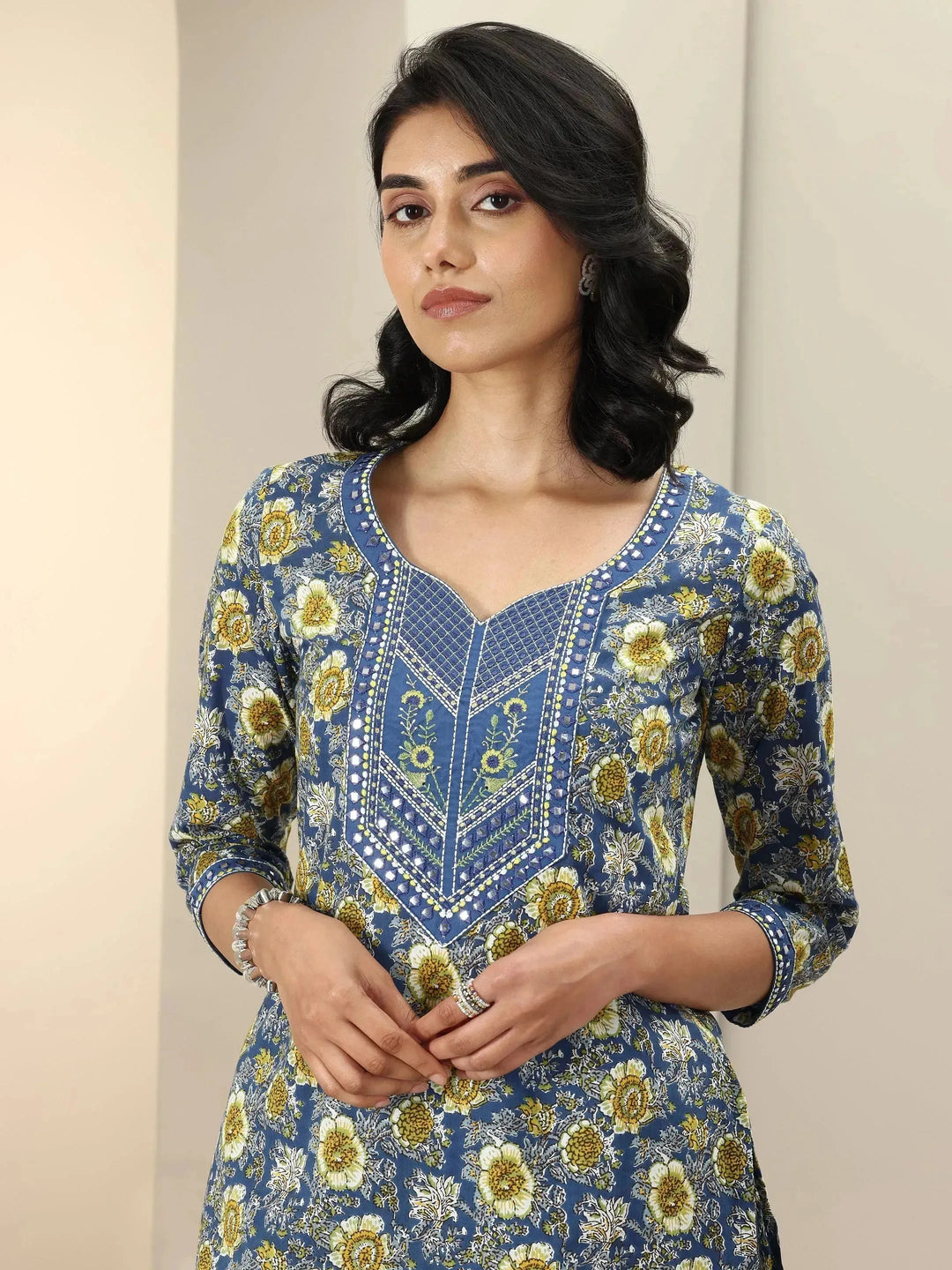  Blue Printed Cotton Straight Suit Sets With Dupatta 